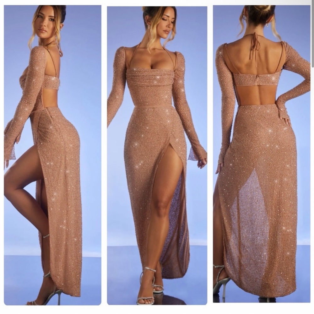 Champel Embellished Cowl Neck Maxi Dress in Nude
